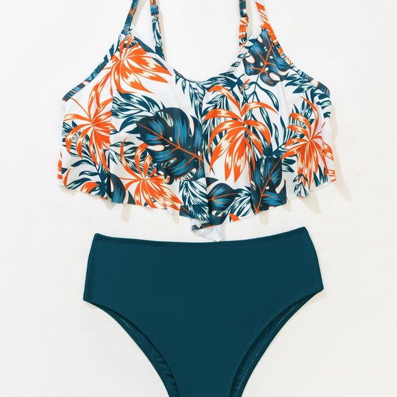 New Tropical Hanky Hem High Waisted Bikini Swimsuit Green - Picture 5 of 8